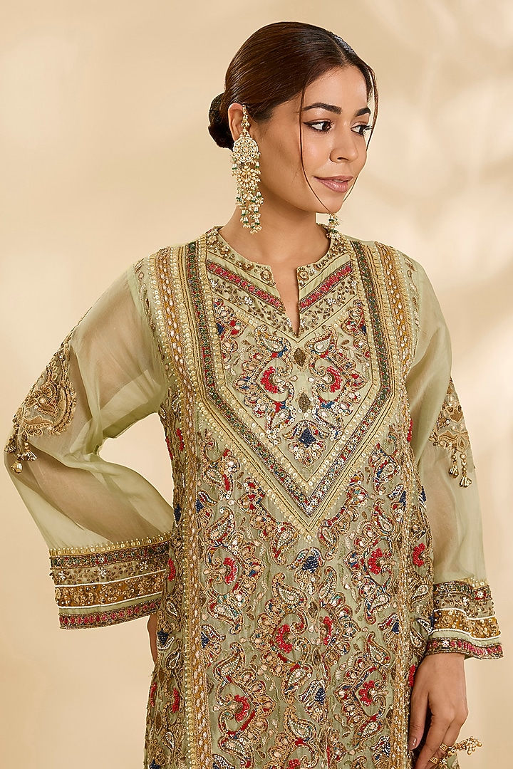 Pista Green Organza Hand & Machine Embroidered Choga Kurta Set by Debyani at Pernia's Pop Up Shop