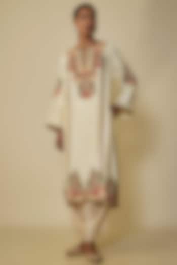 Ivory Silk Hand & Machine Embroidered Choga Kurta Set by Debyani at Pernia's Pop Up Shop