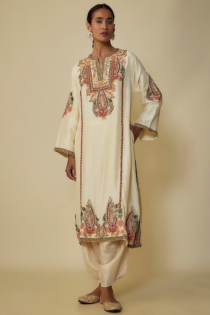 Ivory Silk Hand & Machine Embroidered Choga Kurta Set by Debyani at Pernia's Pop Up Shop