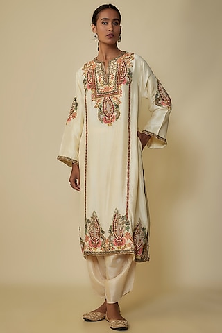 Ivory Silk Hand & Machine Embroidered Choga Kurta Set by Debyani