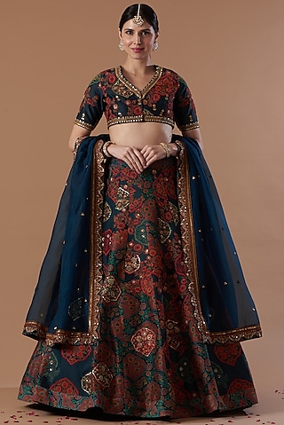 Blue Printed Lehenga Set by Debyani
