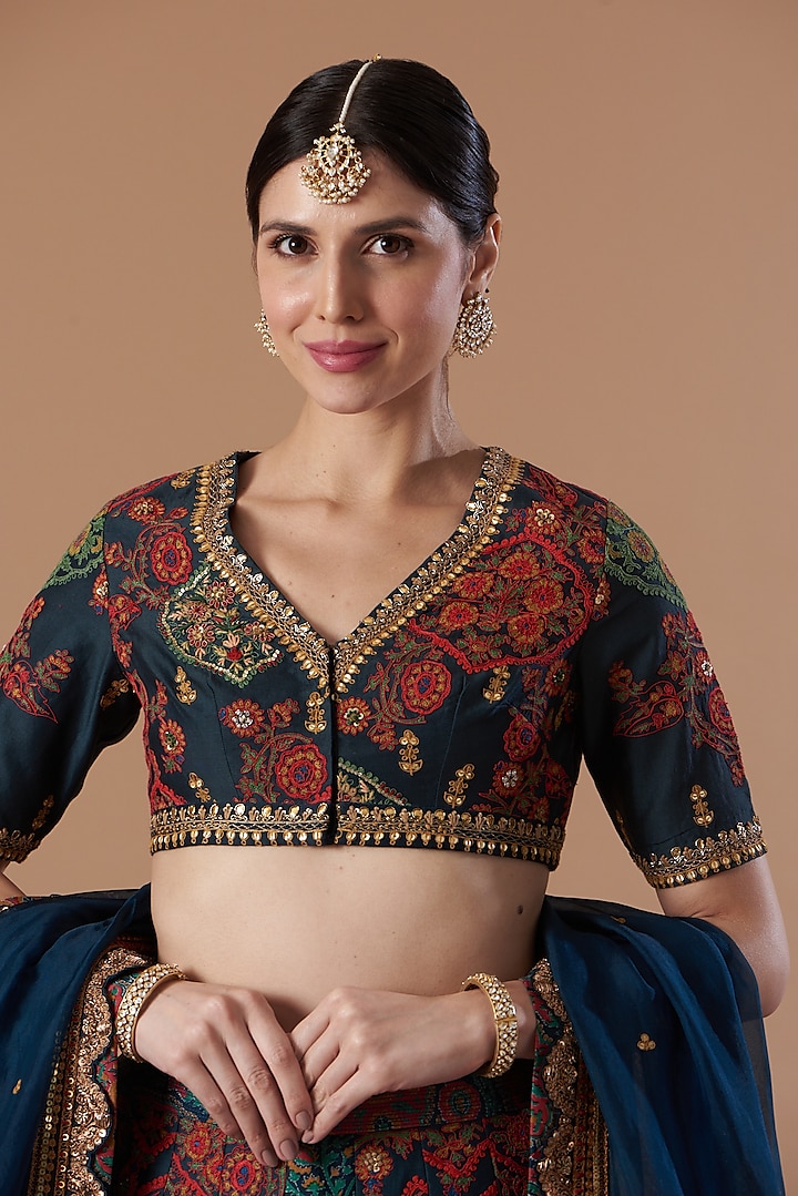 Blue Printed Bridal Lehenga Set by Debyani at Pernia's Pop Up Shop