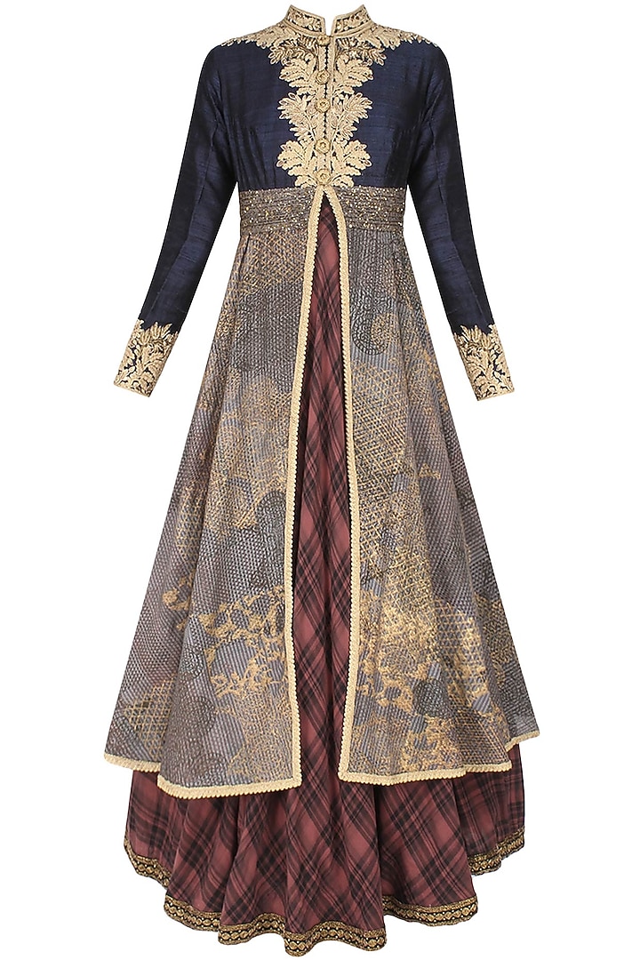 Hand block print textured double layer check kalidaar kurta with gathered pants available only at Pernia's Pop Up Shop.