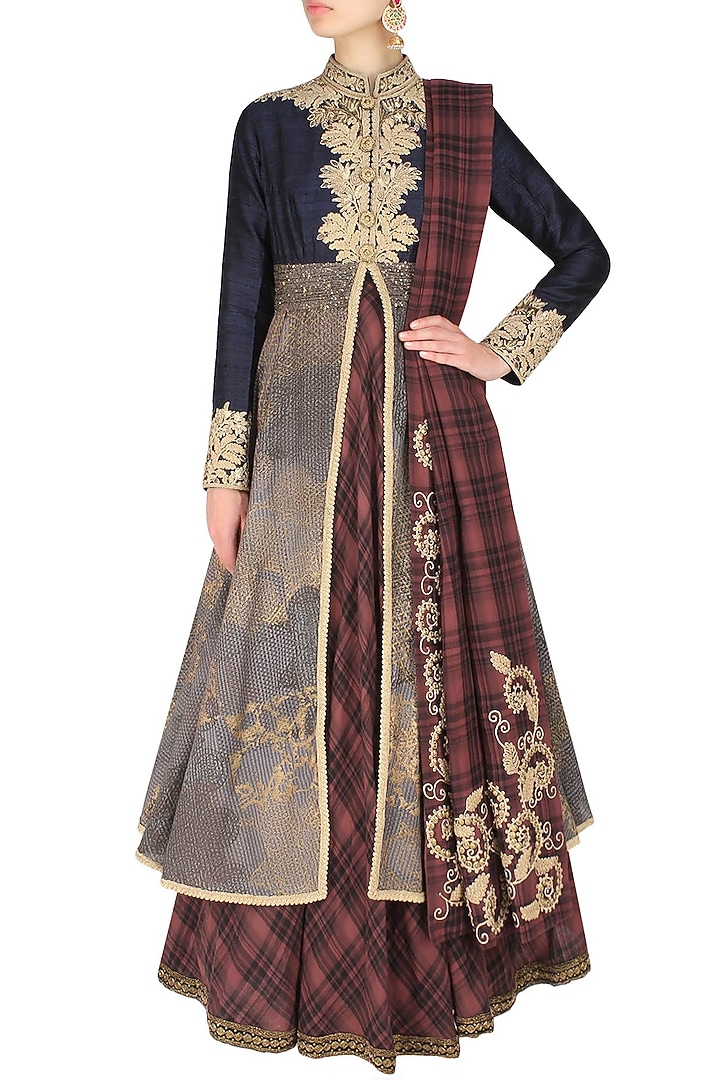 Hand block print textured double layer check kalidaar kurta with gathered pants available only at Pernia's Pop Up Shop.