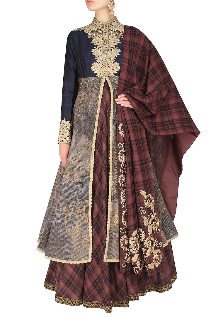 Hand block print textured double layer check kalidaar kurta with gathered pants available only at Pernia's Pop Up Shop.
