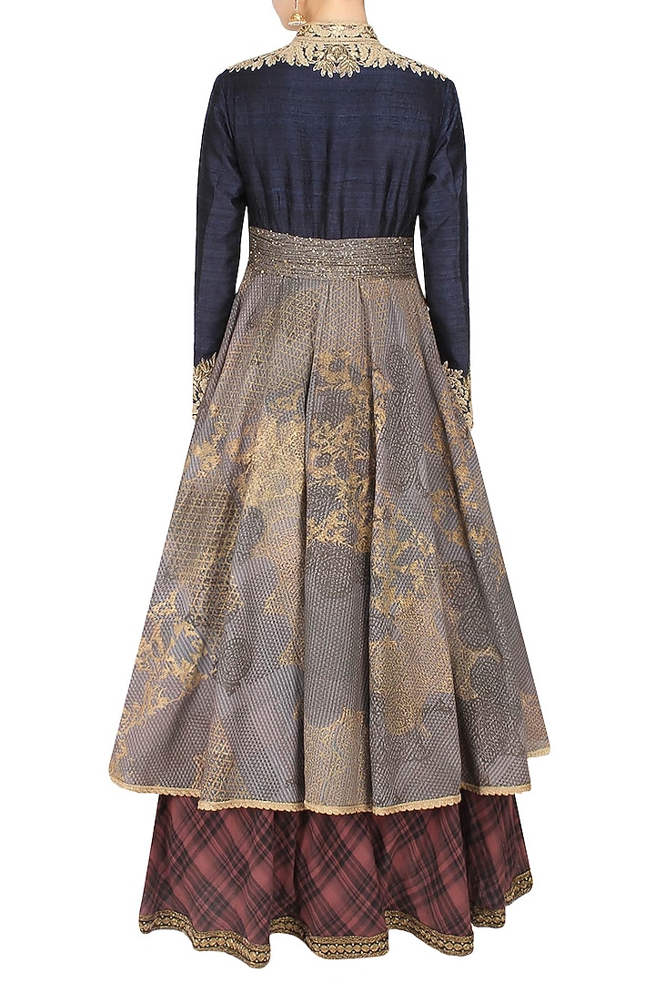 Hand block print textured double layer check kalidaar kurta with gathered pants available only at Pernia's Pop Up Shop.