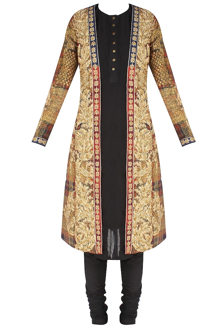 Red and beige scottish embroidered jacket with slip and gathered pants by Debyani