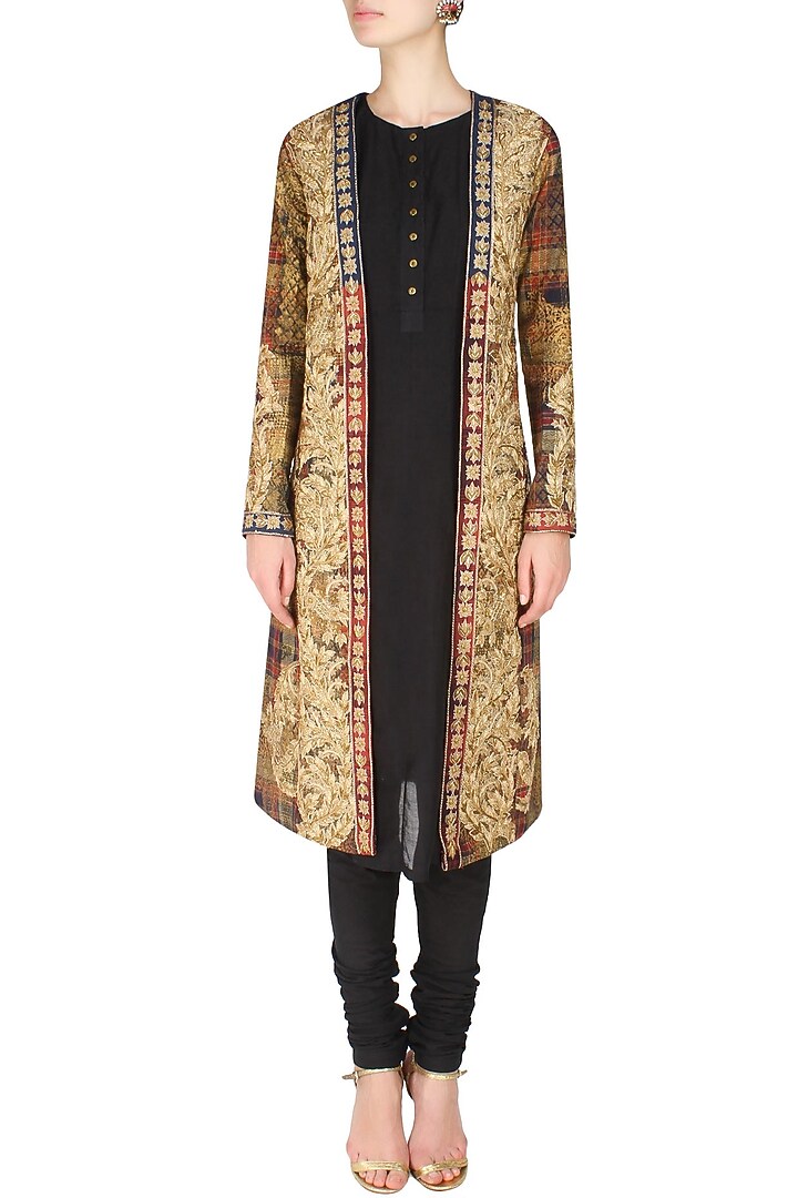 Red and beige scottish embroidered jacket with slip and gathered pants available only at Pernia's Pop Up Shop.