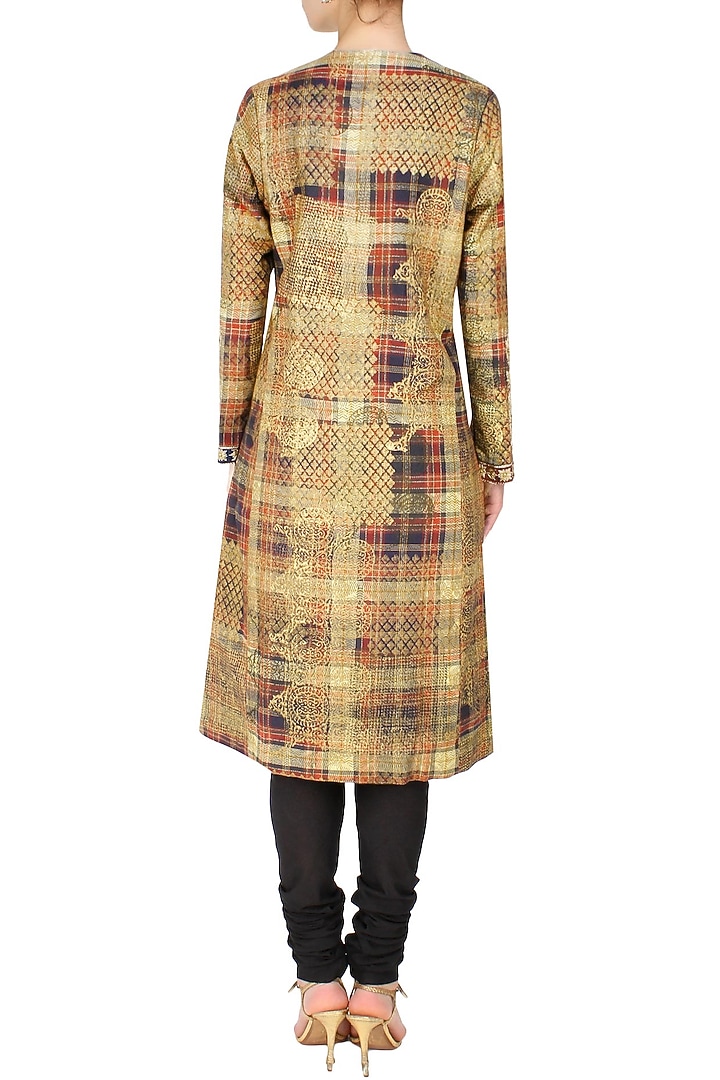 Red and beige scottish embroidered jacket with slip and gathered pants available only at Pernia's Pop Up Shop.