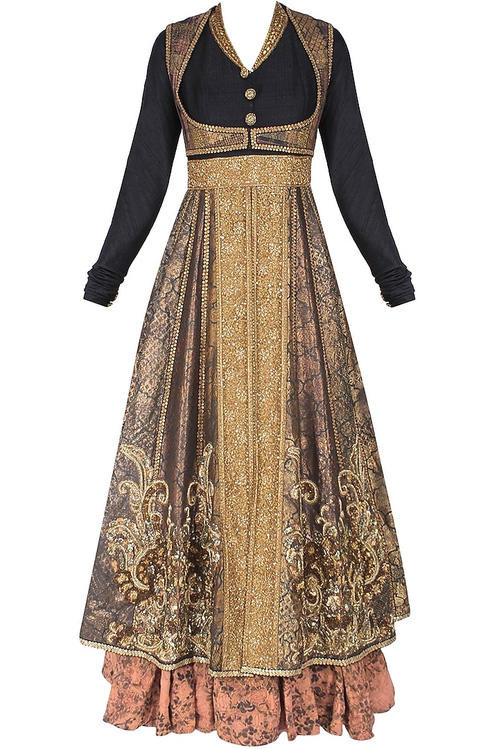 Textured double layer kalidaar embroidered kurta with gathered pants and short jacket available only at Pernia's Pop Up Shop.