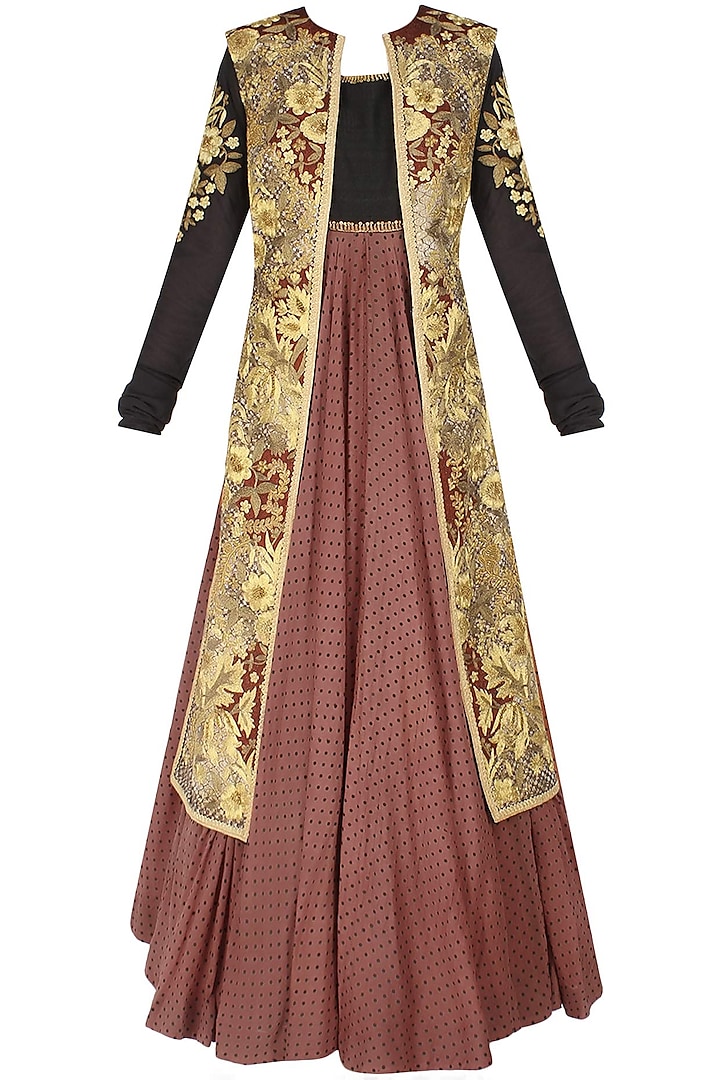 Polka dot kalidaar kurta with Ivory textured and embroidered jacket and gathered pants by Debyani