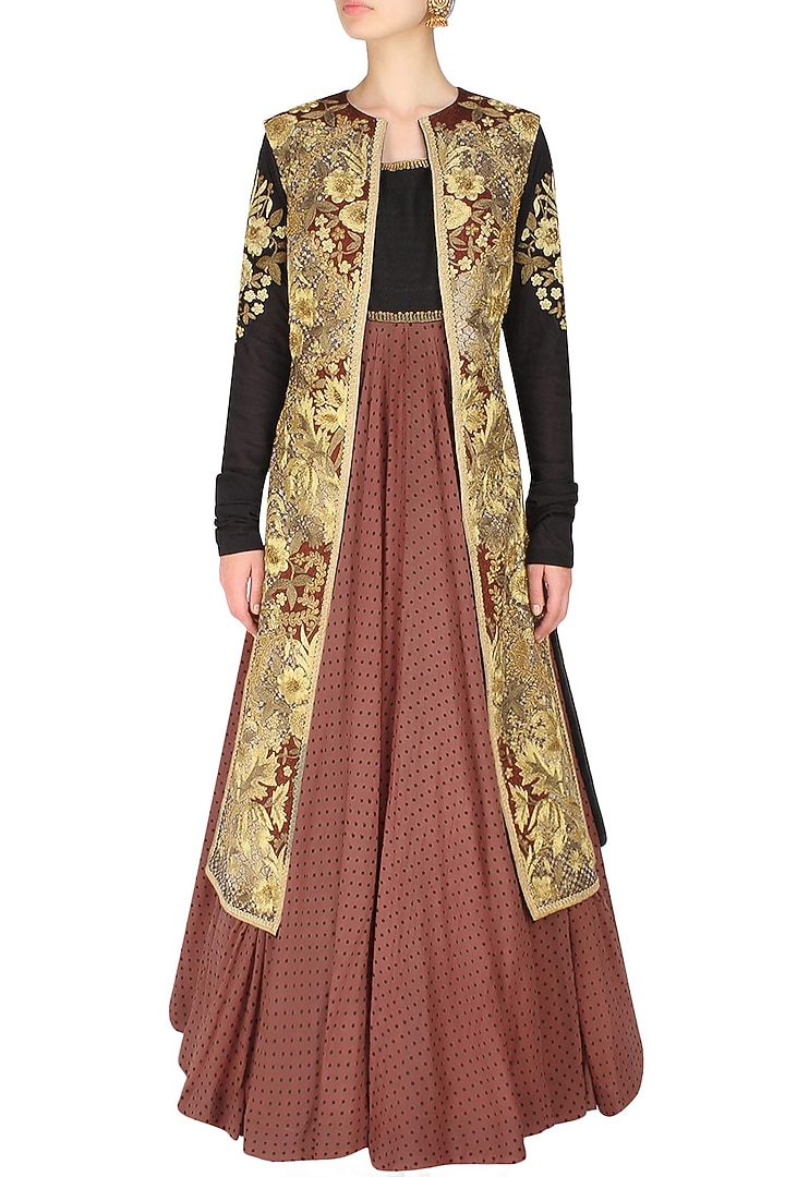Polka dot kalidaar kurta with Ivory textured and embroidered jacket and gathered pants available only at Pernia's Pop Up Shop.
