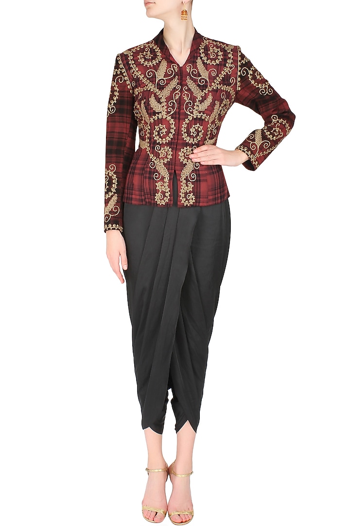 Maroon peplum scottish jacket with black dhoti pants available only at Pernia's Pop Up Shop.
