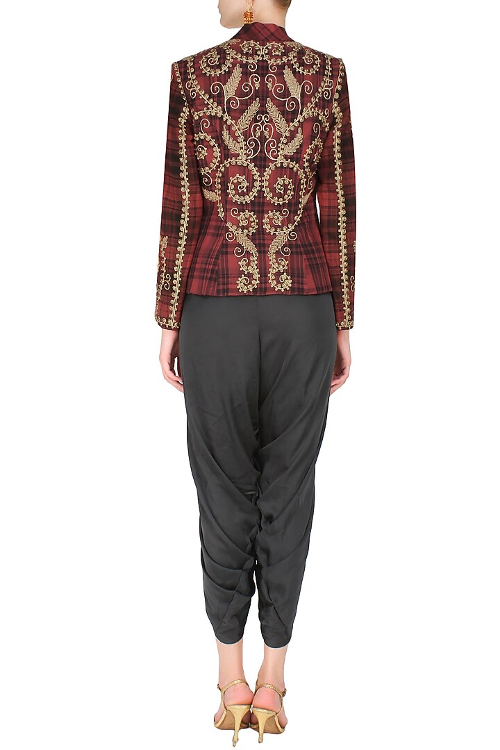 Maroon peplum scottish jacket with black dhoti pants available only at Pernia's Pop Up Shop.