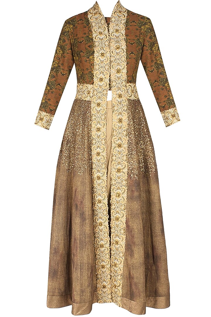 French floral print kalidaar kurta with golden dhoti pants available only at Pernia's Pop Up Shop.