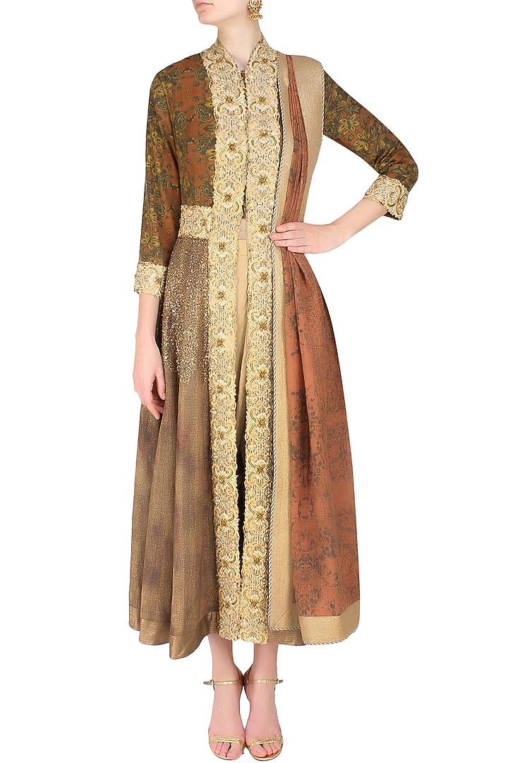 French floral print kalidaar kurta with golden dhoti pants available only at Pernia's Pop Up Shop.