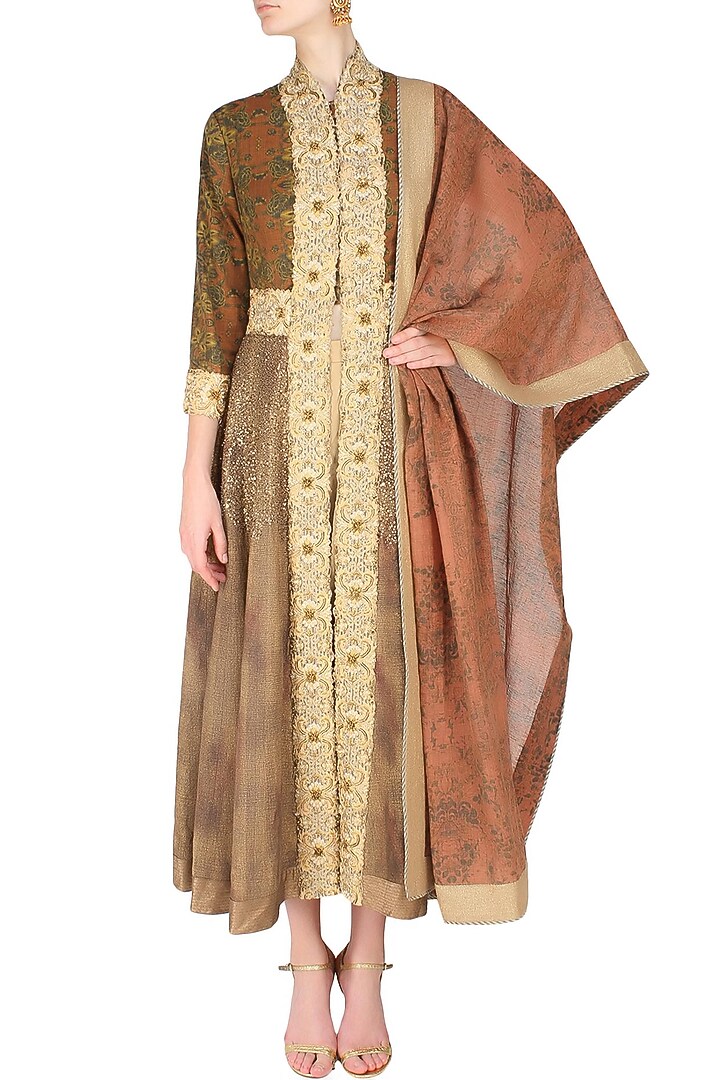 French floral print kalidaar kurta with golden dhoti pants available only at Pernia's Pop Up Shop.