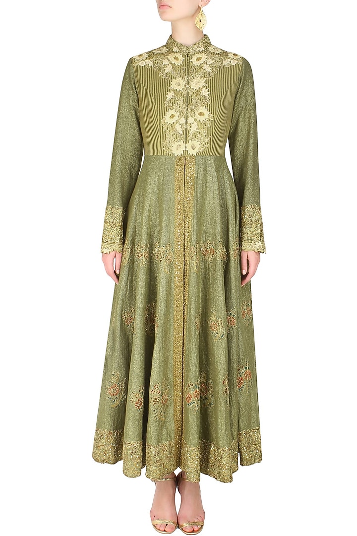 Green foil print kalidaar kurta with peacock print dhoti pants available only at Pernia's Pop Up Shop.