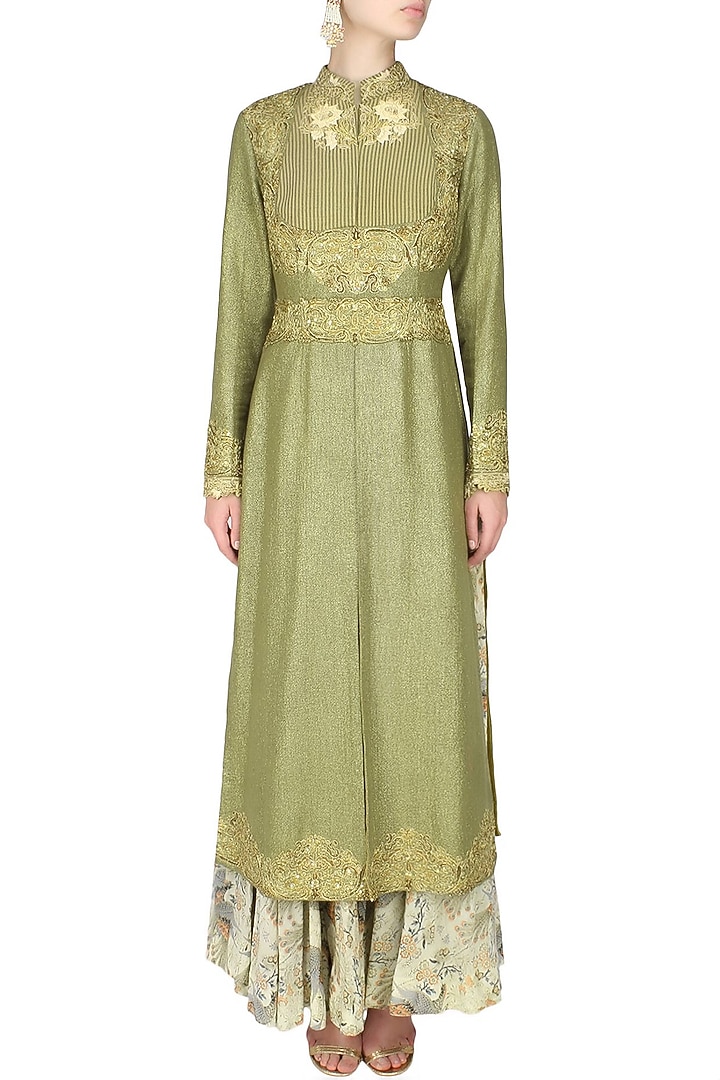 Green foil embroidered sherwani kurta with floral farshi pants available only at Pernia's Pop Up Shop.