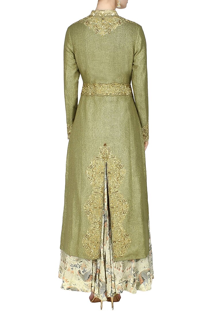 Green foil embroidered sherwani kurta with floral farshi pants available only at Pernia's Pop Up Shop.