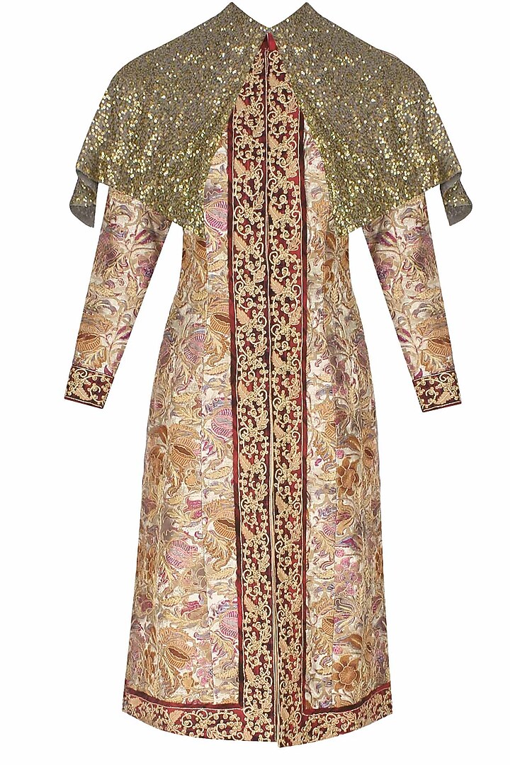 Pink printed and embroidered sherwani kurta with cape and gathered pants available only at Pernia's Pop Up Shop.