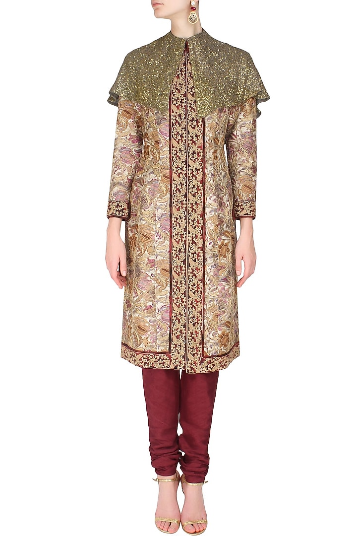 Pink printed and embroidered sherwani kurta with cape and gathered pants available only at Pernia's Pop Up Shop.