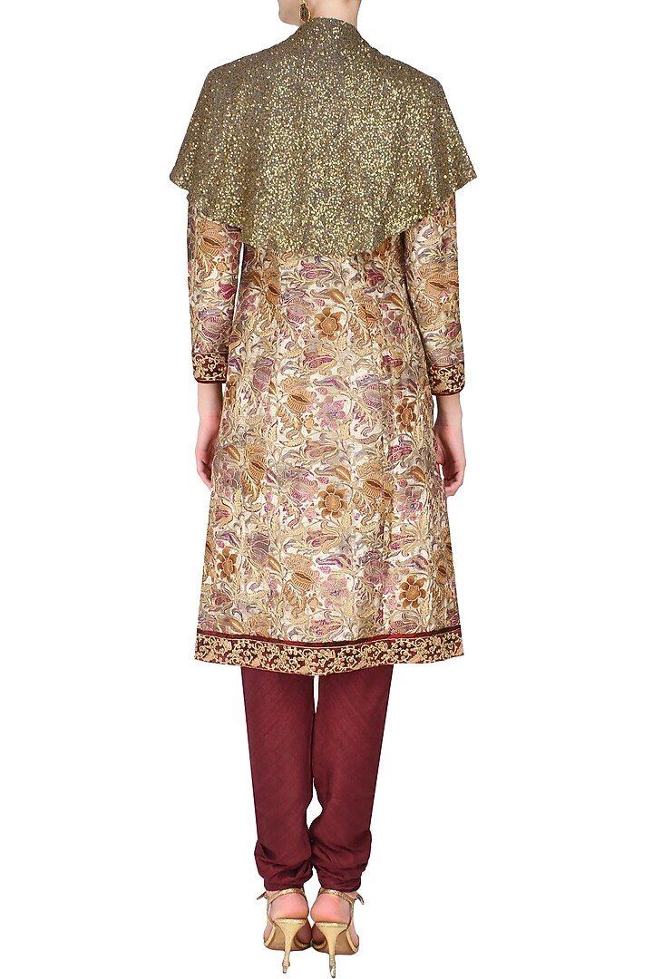 Pink printed and embroidered sherwani kurta with cape and gathered pants available only at Pernia's Pop Up Shop.