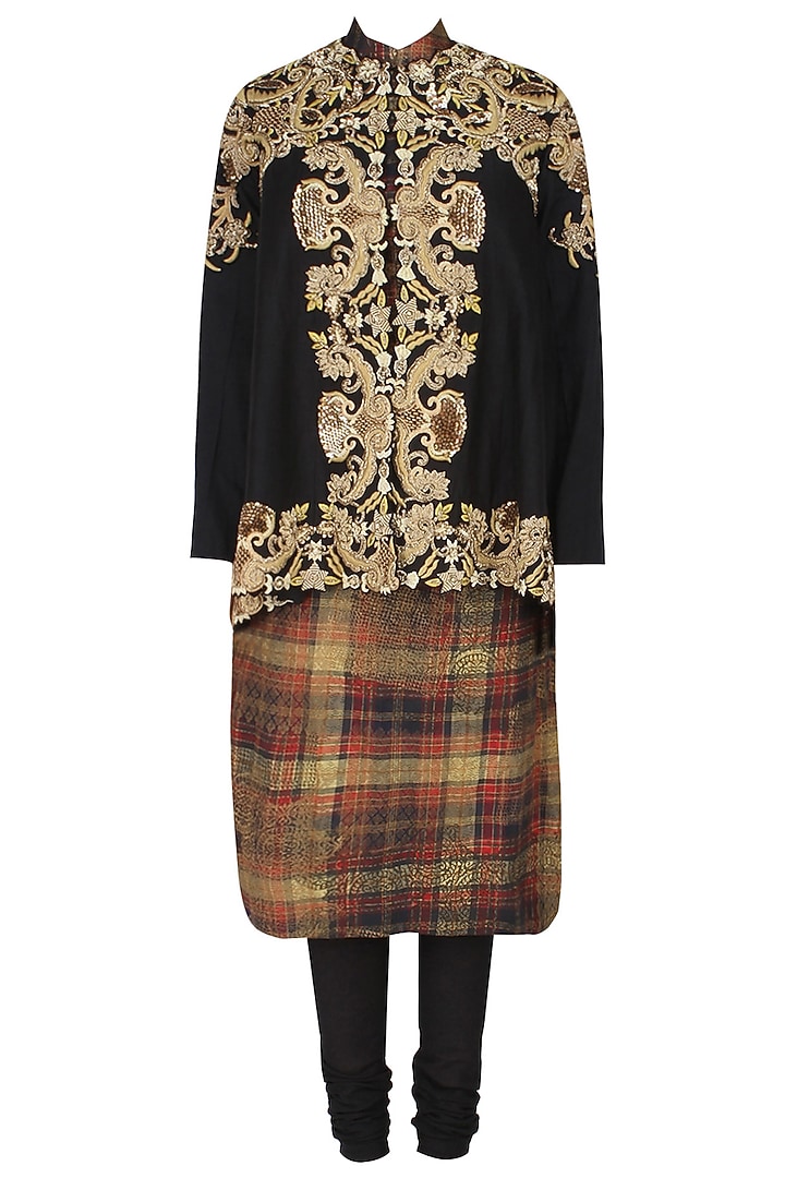 Black embroidered trail jacket with scottish slip and gathered pants available only at Pernia's Pop Up Shop.