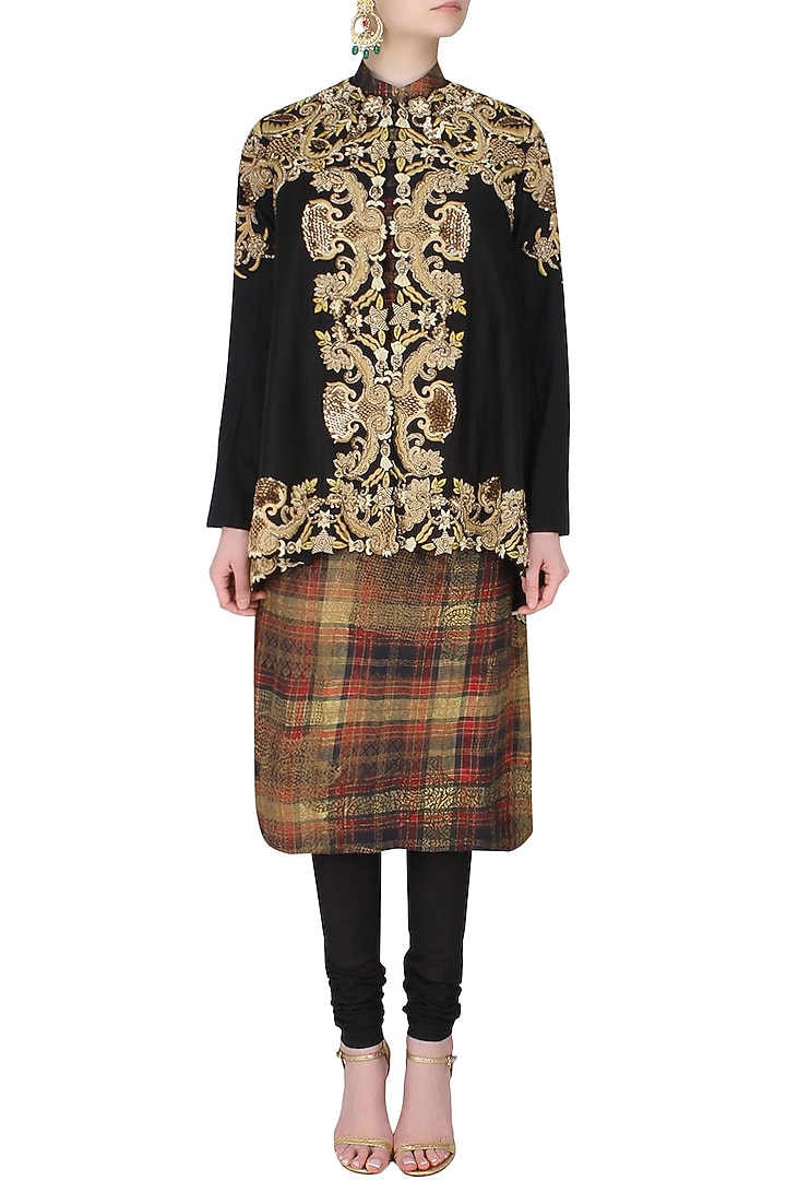 Black embroidered trail jacket with scottish slip and gathered pants available only at Pernia's Pop Up Shop.