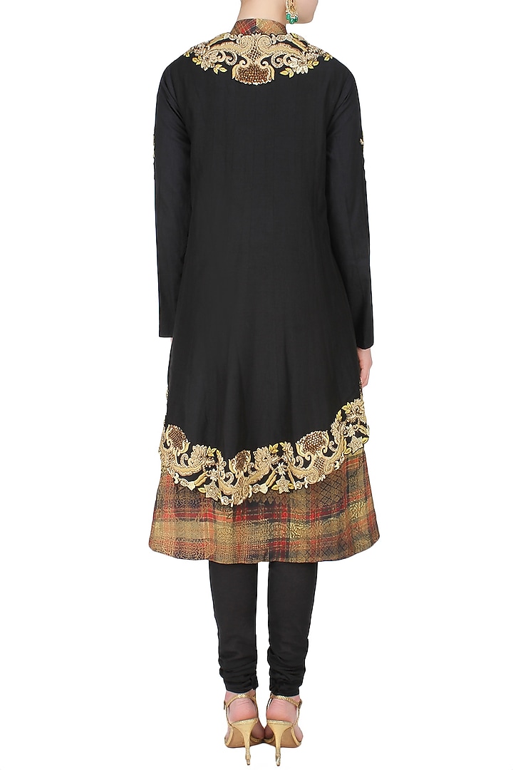 Black embroidered trail jacket with scottish slip and gathered pants available only at Pernia's Pop Up Shop.