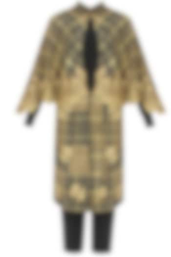 Black and beige textured embroidered jacket with cape and black pants available only at Pernia's Pop Up Shop.