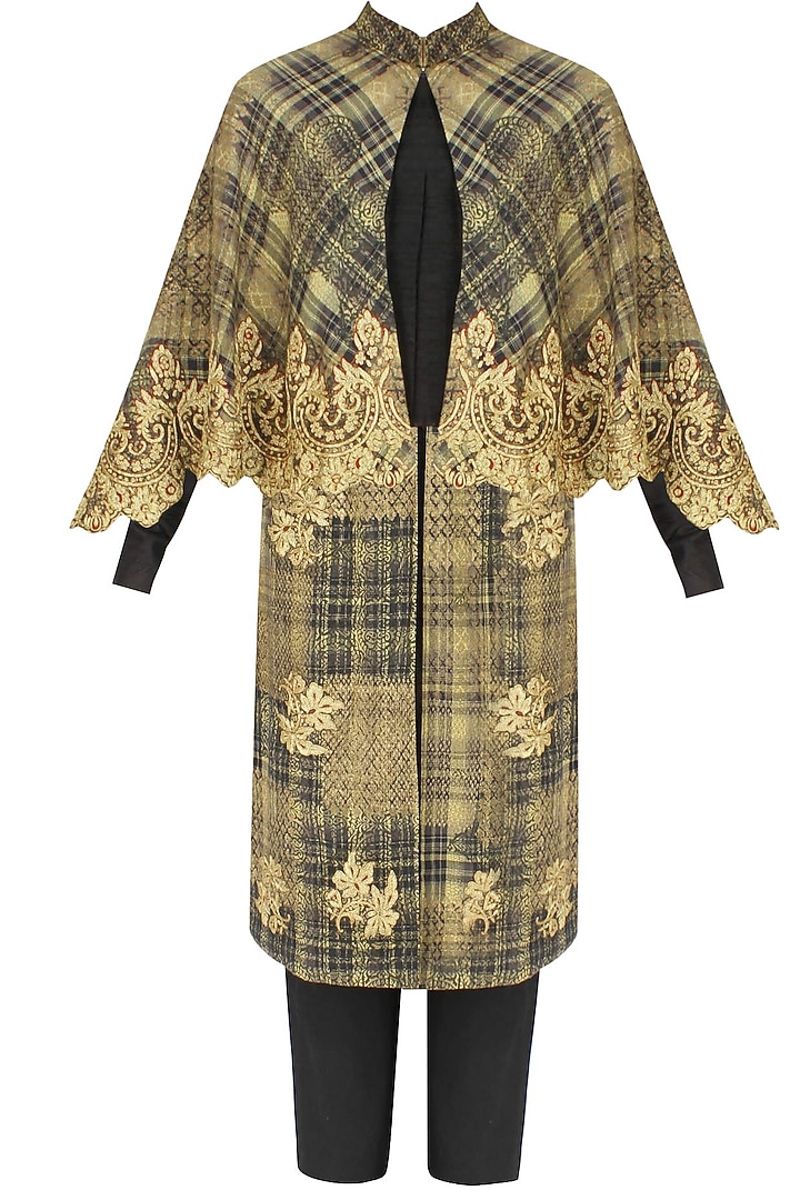 Black and beige textured embroidered jacket with cape and black pants available only at Pernia's Pop Up Shop.