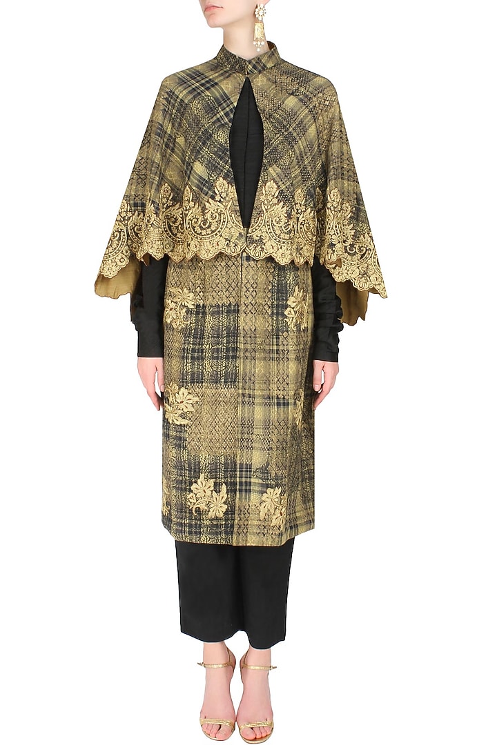 Black and beige textured embroidered jacket with cape and black pants available only at Pernia's Pop Up Shop.