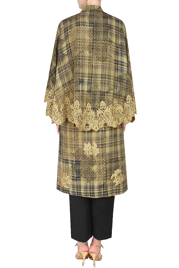 Black and beige textured embroidered jacket with cape and black pants available only at Pernia's Pop Up Shop.