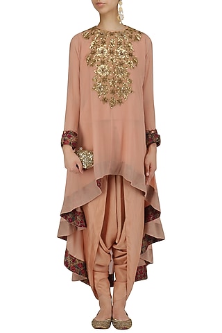 Pale Pink Sequins Embroidered Tunic and Dhoti Pants Set by Debyani