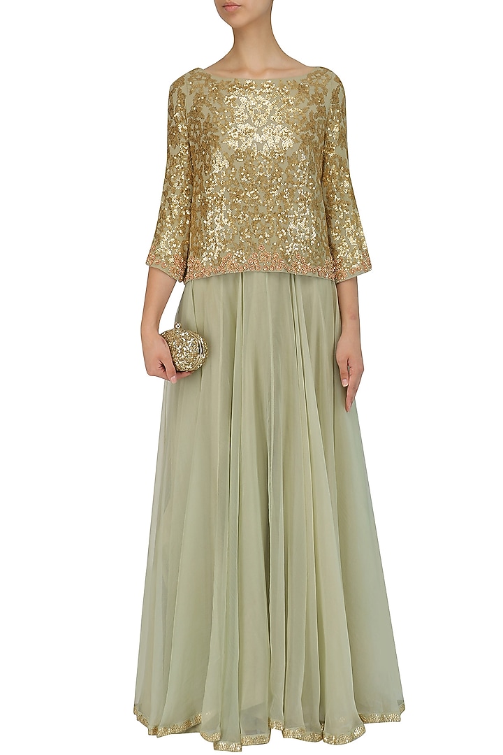 Pale blue sequins embroidered crop top and skirt set available only at Pernia's Pop Up Shop.