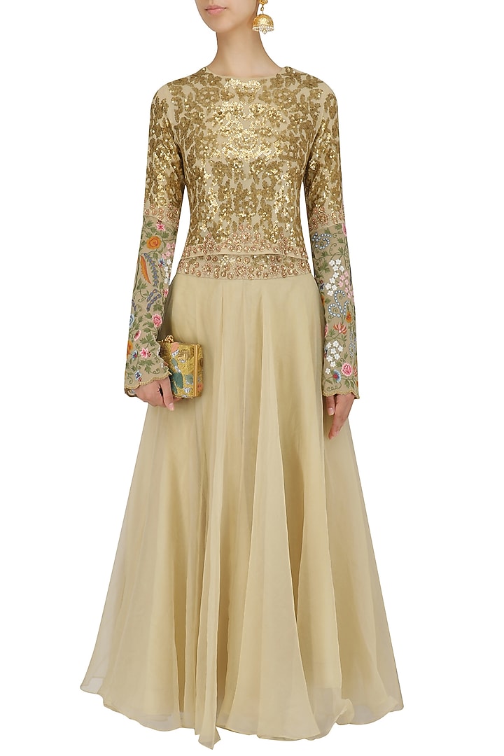 Ivory sequins and floral work crop top and dhoti pants set available only at Pernia's Pop Up Shop.