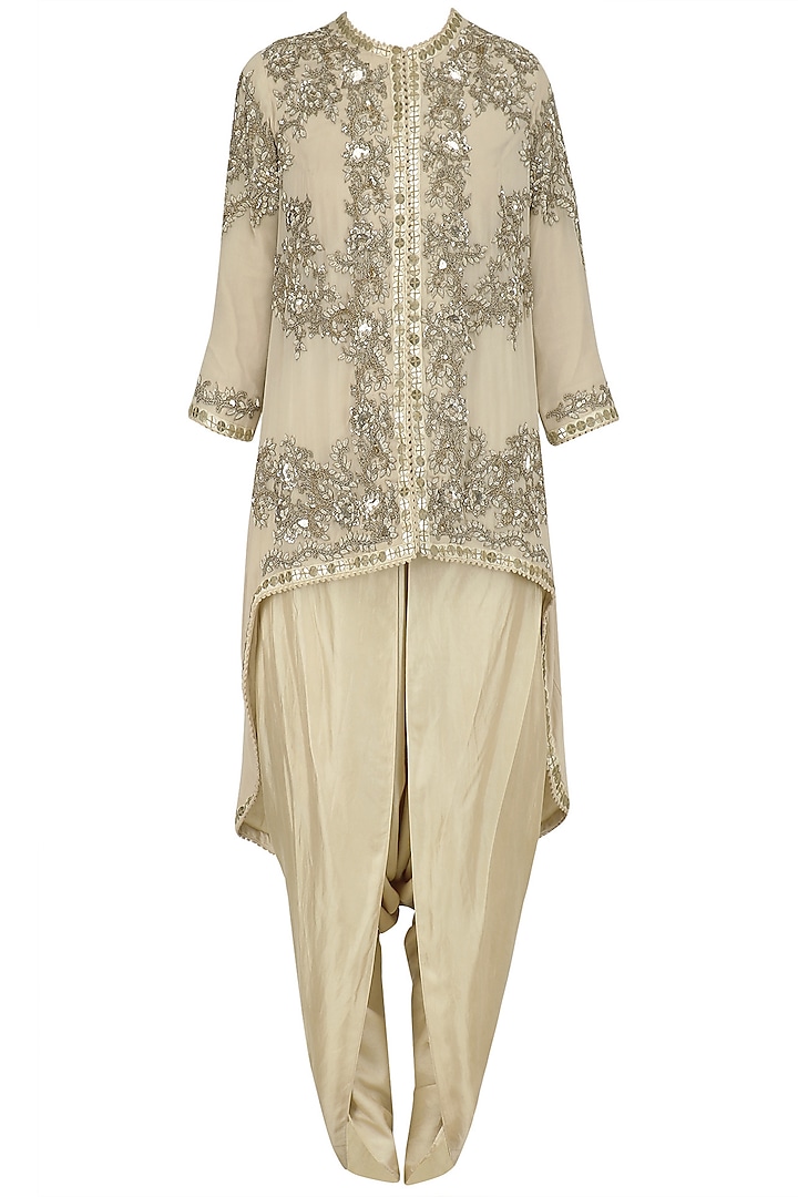 Ivory Embroidered Trail Jacket and Dhoti Pants Set by Debyani