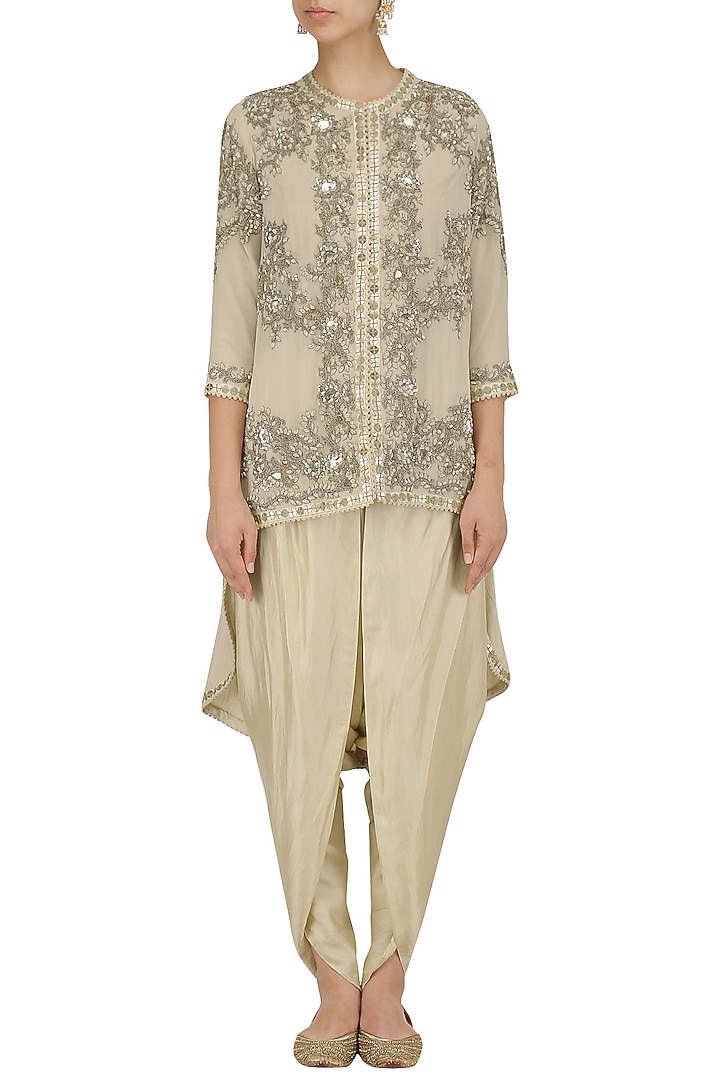 Ivory embroidered trail jacket and dhoti pants set available only at Pernia's Pop Up Shop.