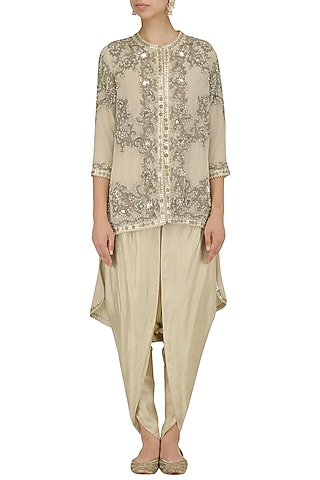 Ivory Embroidered Trail Jacket and Dhoti Pants Set by Debyani