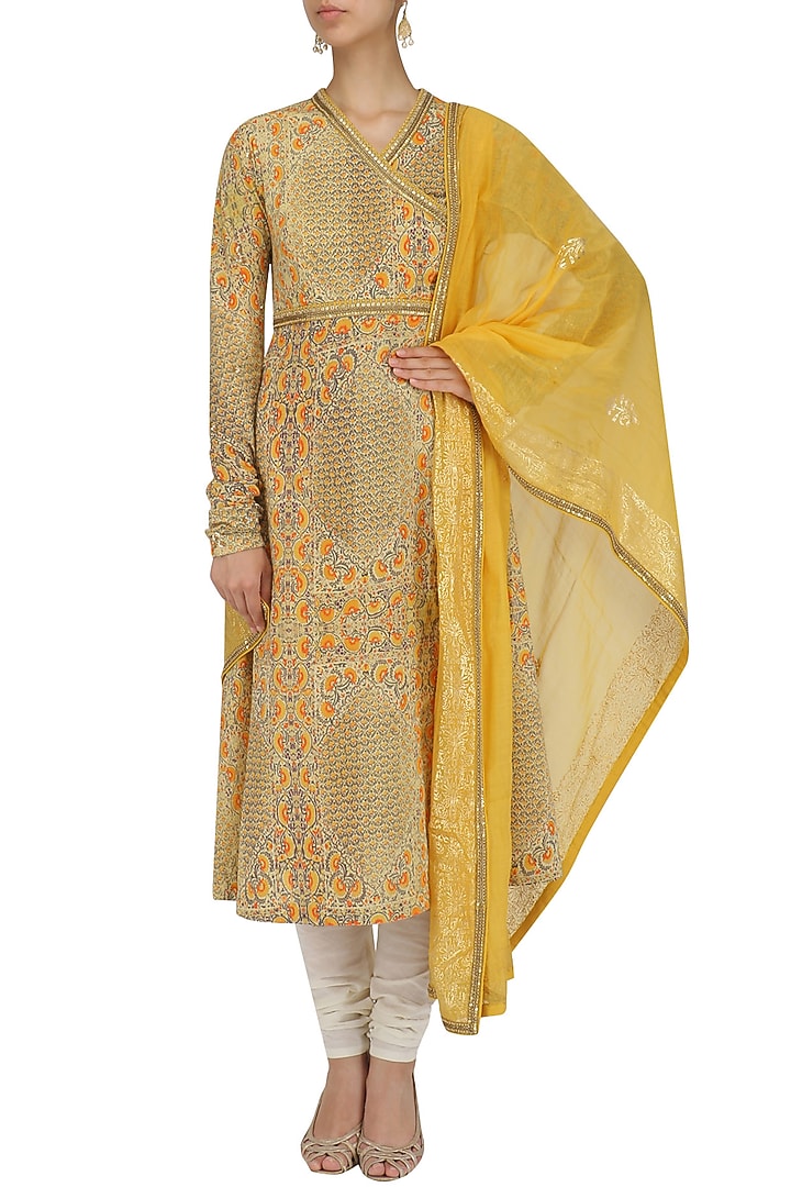 Yellow printed kalidaar kurta set available only at Pernia's Pop Up Shop.