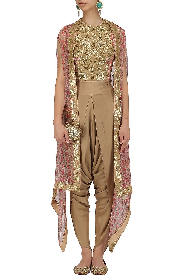 Gold sequinned crop top, dhoti pants and cape set available only at Pernia's Pop Up Shop.