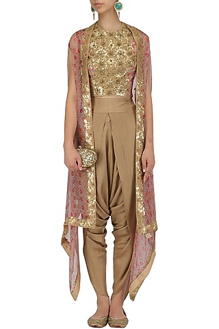 Gold Sequinned Crop Top, Dhoti Pants and Cape Set by Debyani
