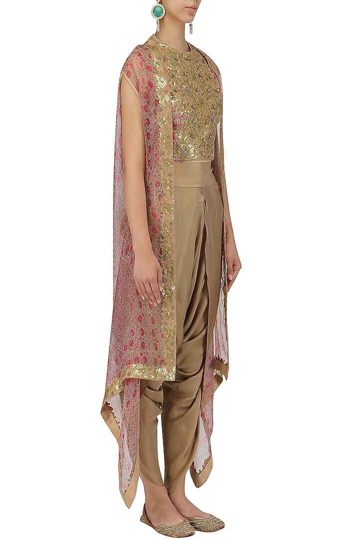 Gold sequinned crop top, dhoti pants and cape set available only at Pernia's Pop Up Shop.