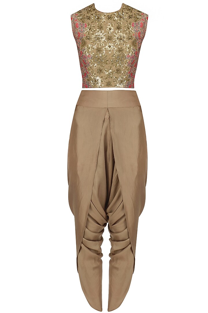 Gold sequinned crop top, dhoti pants and cape set available only at Pernia's Pop Up Shop.