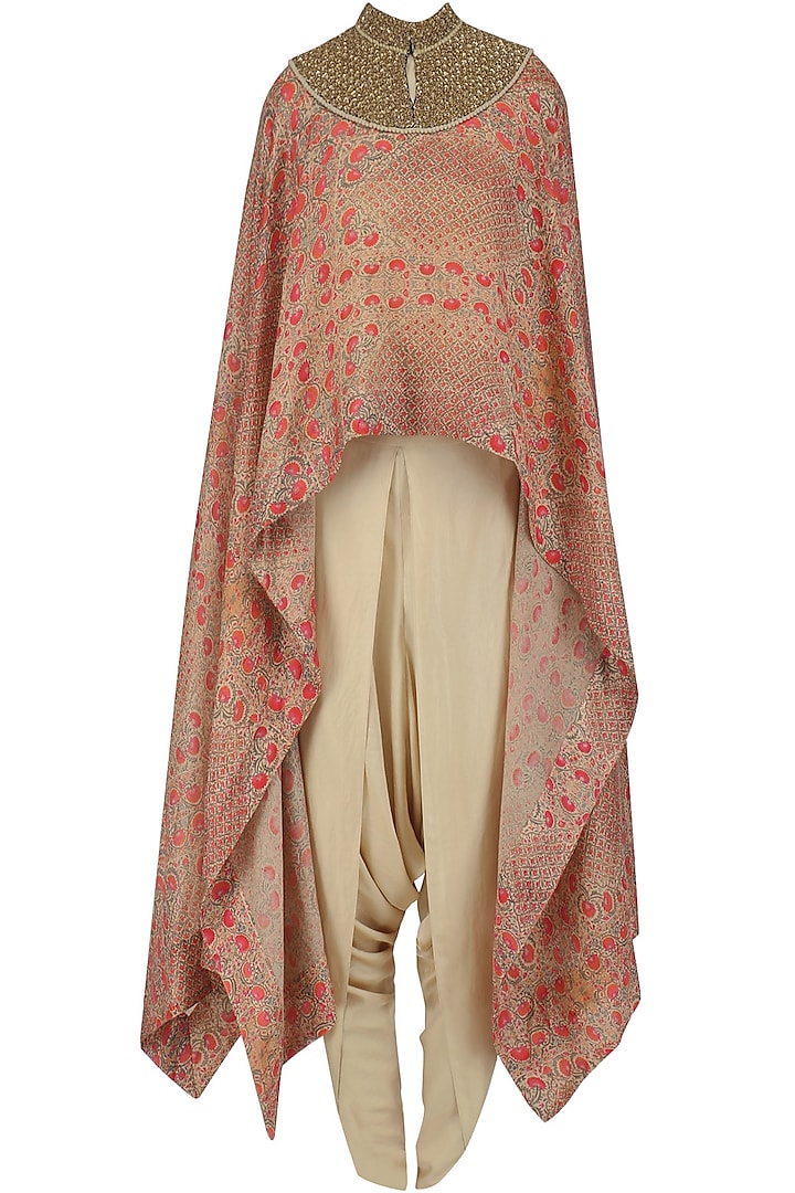 Pink Printed Cape and Dhoti Pants Set by Debyani