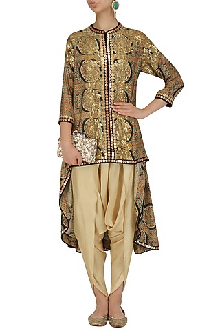 Black Sequinned Trail Jacket and Dhoti Pants Set by Debyani