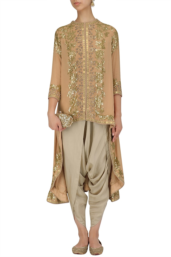 Pale pink sequinned trail jacket and dhoti pants set available only at Pernia's Pop Up Shop.