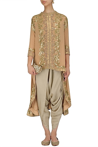 Pale Pink Sequinned Trail Jacket and Dhoti Pants Set by Debyani