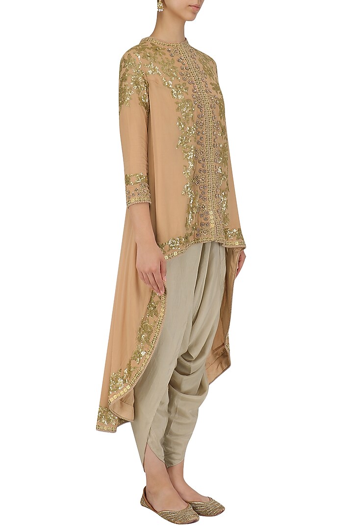 Pale pink sequinned trail jacket and dhoti pants set available only at Pernia's Pop Up Shop.